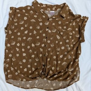 Brown Button-Up Shirt with Floral and Mushroom Print